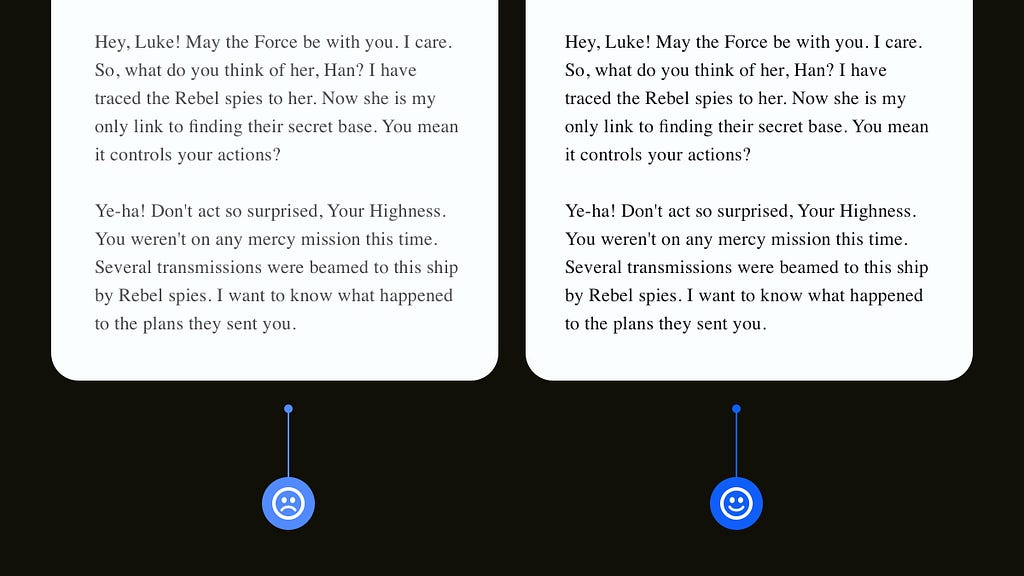 Two design examples. One with a block of text in a light grey colour, and the other with the text block in black