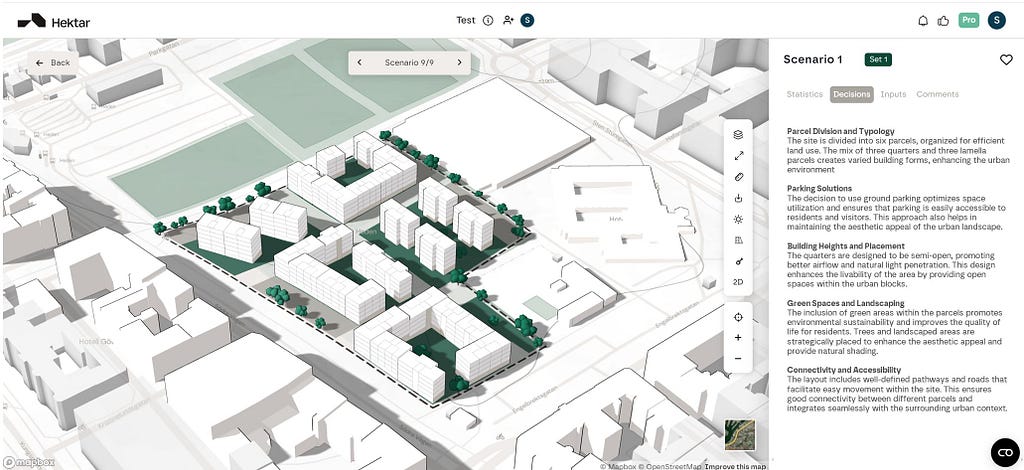 AI describing the qualities, risks, and architectural aspects in a generated 3D volume in Hektar.