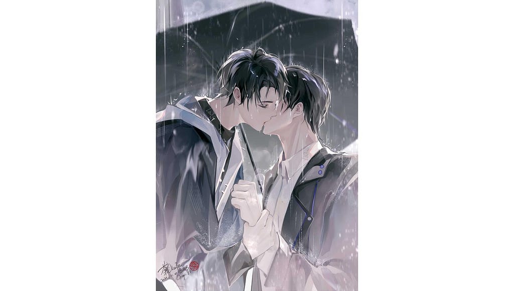 He Yu and Xie Qingcheng kissing under the umbrella in the rain