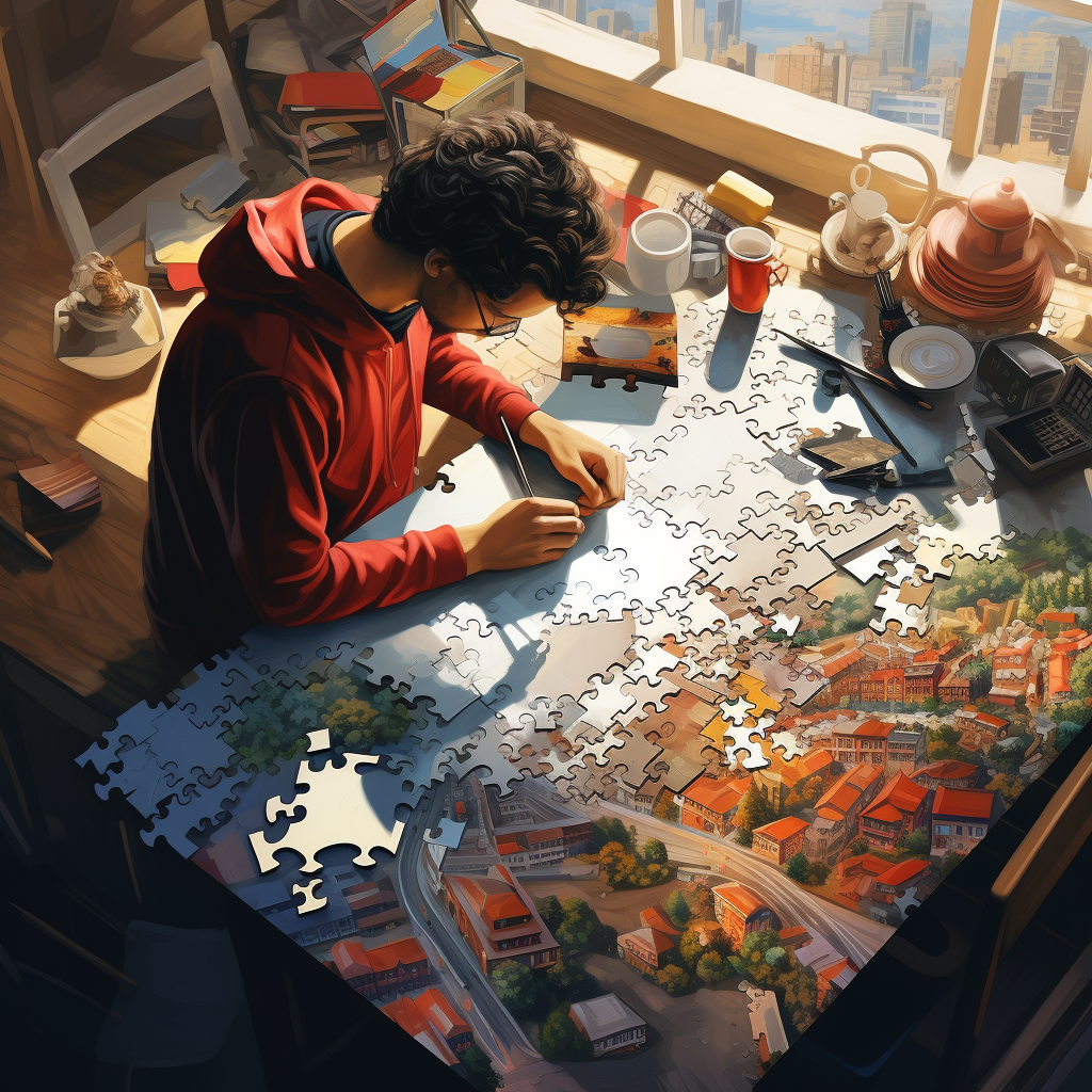 An overhead picture of a young man putting together a jigsaw puzzle, most pieces are missing and some are still blank.