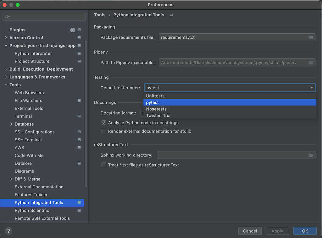 Configure pytest as the default test runner