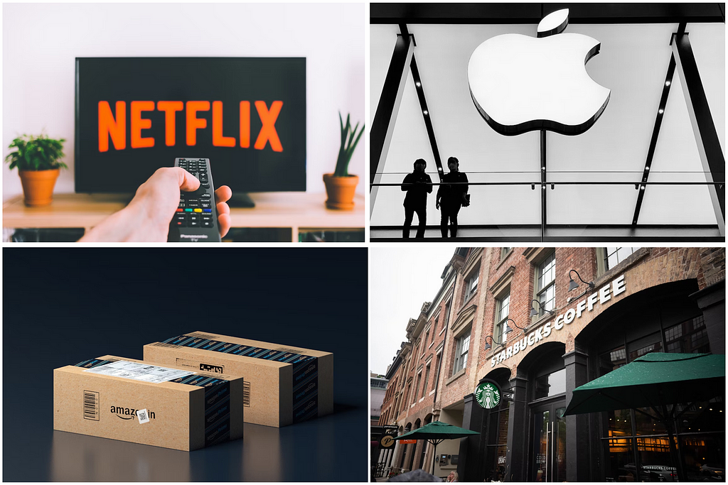 The image shows a collage of the following companies logos and brands: Netflix, Apple, Amazon and Starbucks. Image credits at the end of the article.