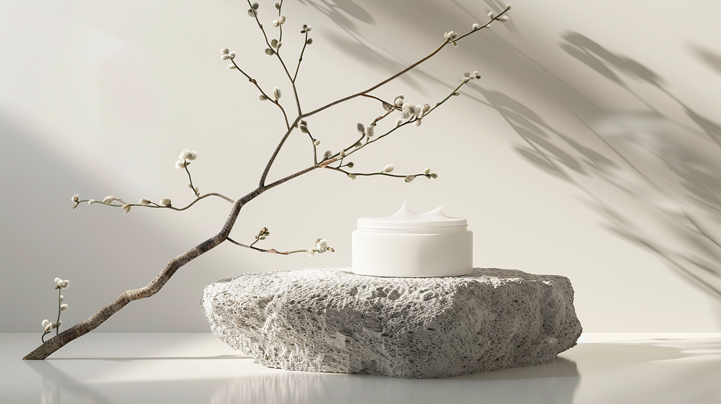 Product photography, one white skin cream product, on a clean light gray background, a stone, a branch, a flat front shot, soft lighting, minimal style