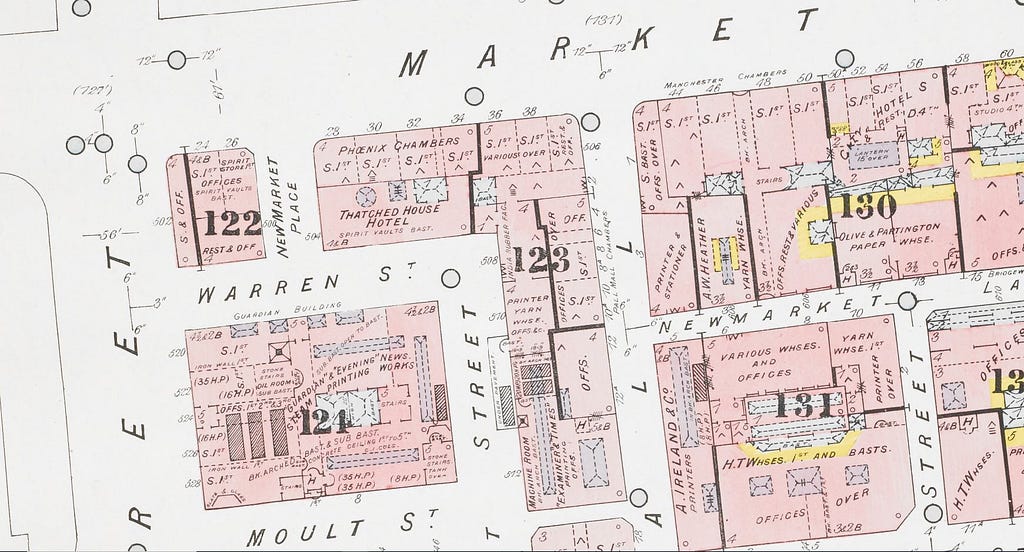 Incredibly detailed map of the Market Street area of Manchester. Each individual building is numbered and described with details of who occupied the building and why it was used. It was created for fire insurance purposes. All the buildings are shaded pink.