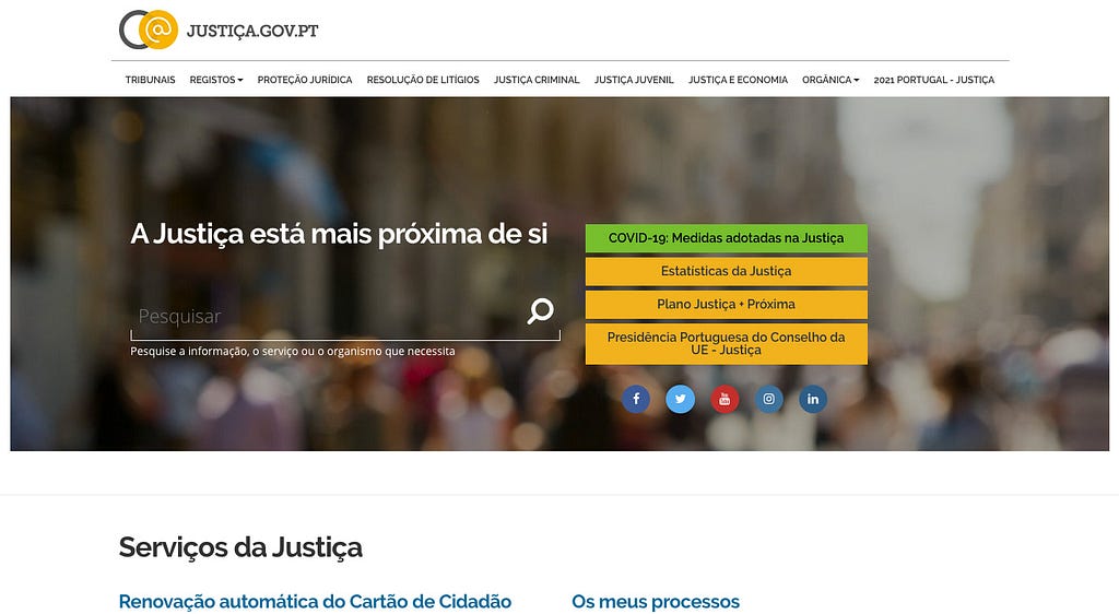 Homepage of portal Portal da Justiça