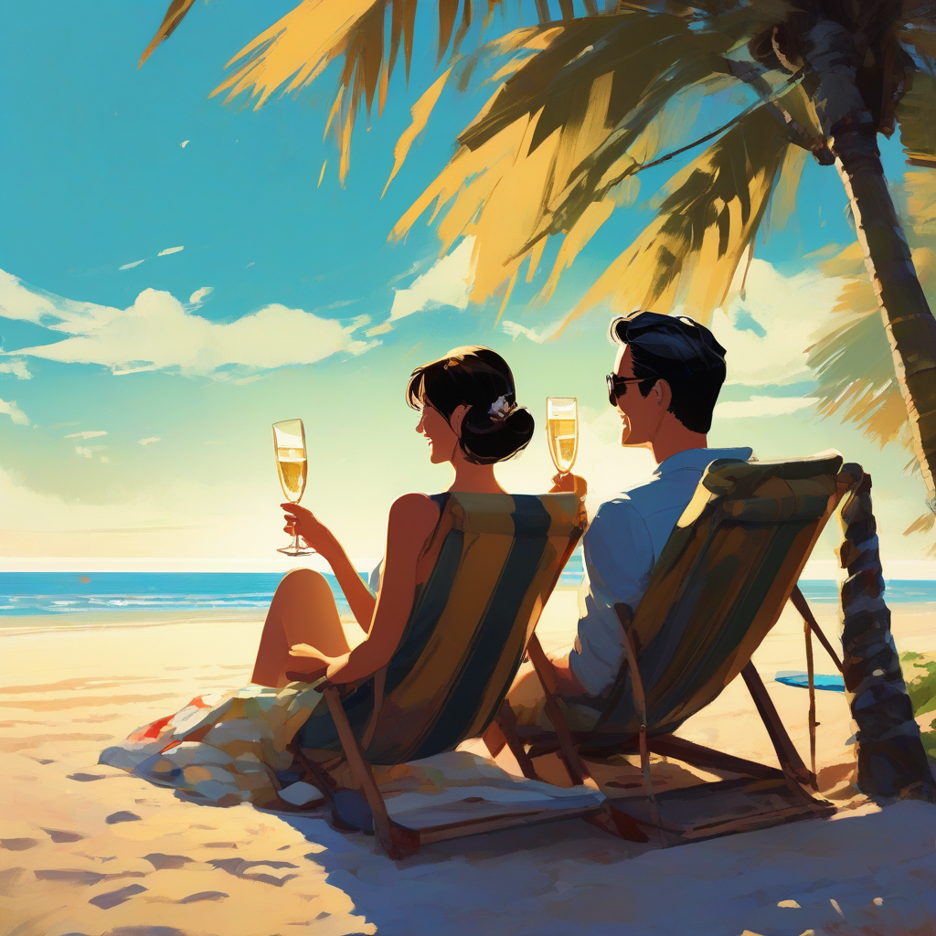 Man and woman on the beach drinking champagne together