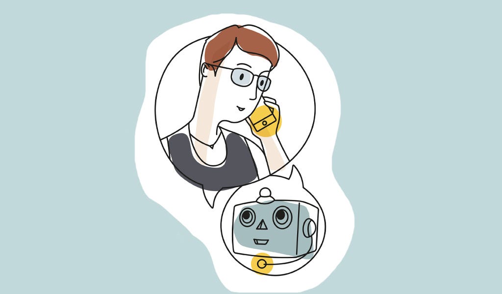 Illustration of lady on a smartphone speaking to a robot with a headset which represents an AI chatbot