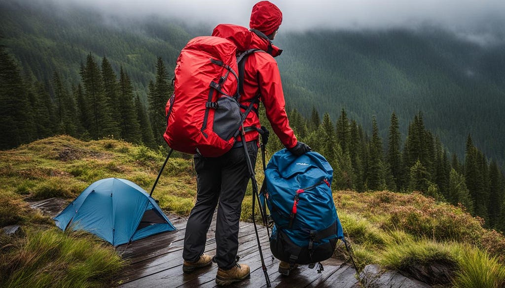 Show a collection of essential gear for hiking in the rain, including waterproof jacket, pants, boots, gloves, hat, and backpack cover.