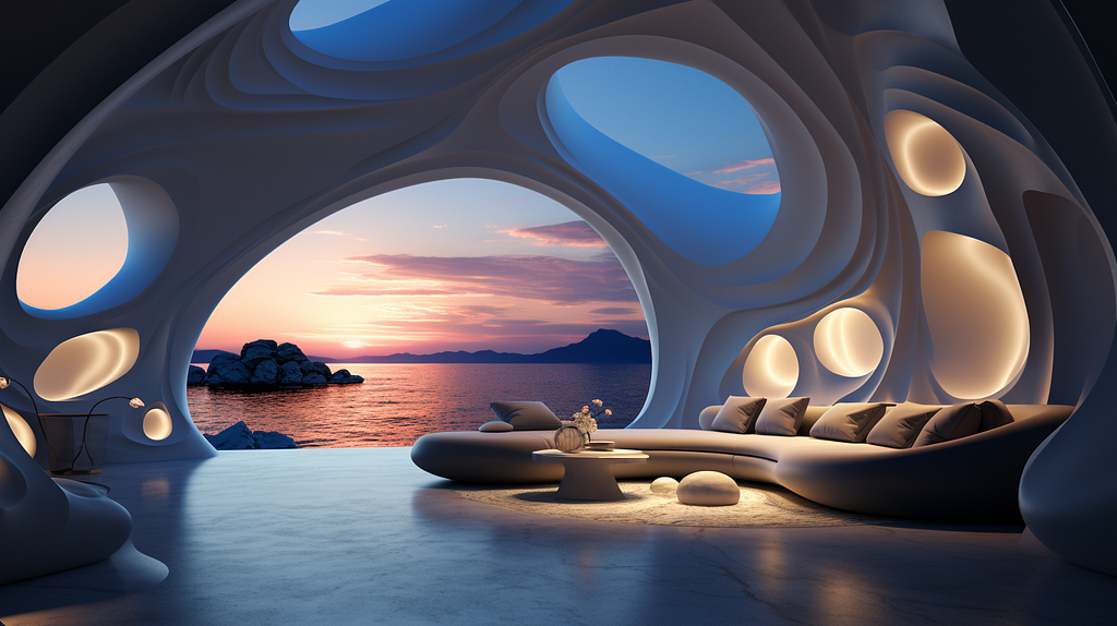 Dark and modern concept room, in the style of freeform minimalism, detailed skies, Zeiss Planar T* 80mm f/ 2. 8, organic contours incorporating elements of Greek pediment designs, light white and white, cabincore, photobashing by Hanzo
