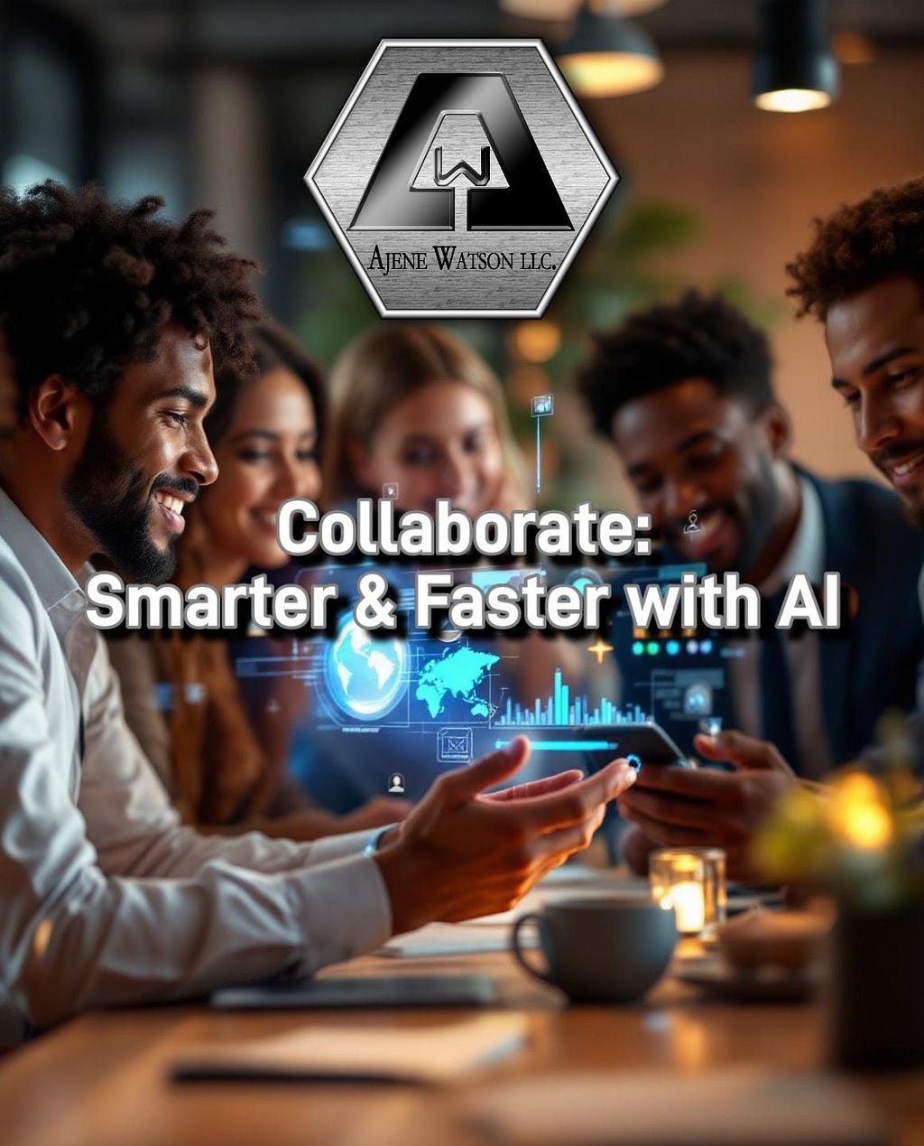 A diverse group of professionals collaborating in a modern office setting, with glowing AI-inspired overlays such as holographic charts and data visualizations. The Ajene Watson, LLC logo is prominently displayed at the top center, along with the statement ‘Collaborate: Smarter & Faster with AI,’ emphasizing innovation, inclusivity, and smarter business collaboration powered by AI.