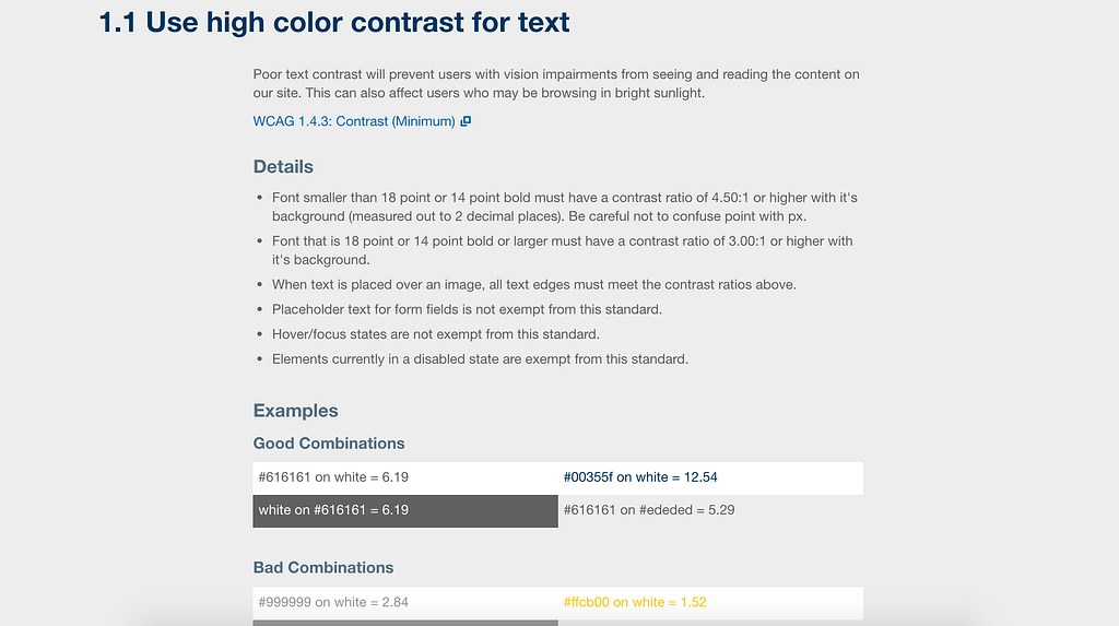 Screen shot of ExAG guideline 1.1 showing details and examples