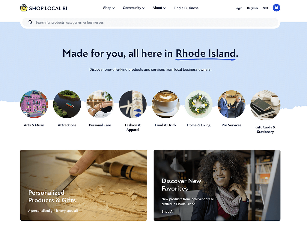 The homepage of Shop Local RI, including a search bar, categories, curated lists, and a pleasant design.