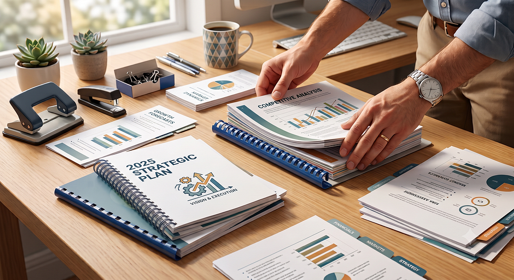A person standing at an office desk organizing a large stack of bound business reports, with various charts and graphs visible on the covers