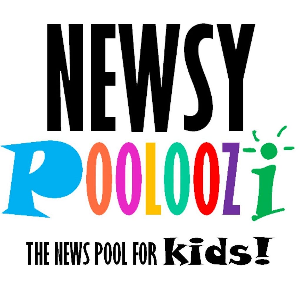 Cover art for Newsy Pooloozi, the news podcast for kids features the title and tag line in multicolored letters.