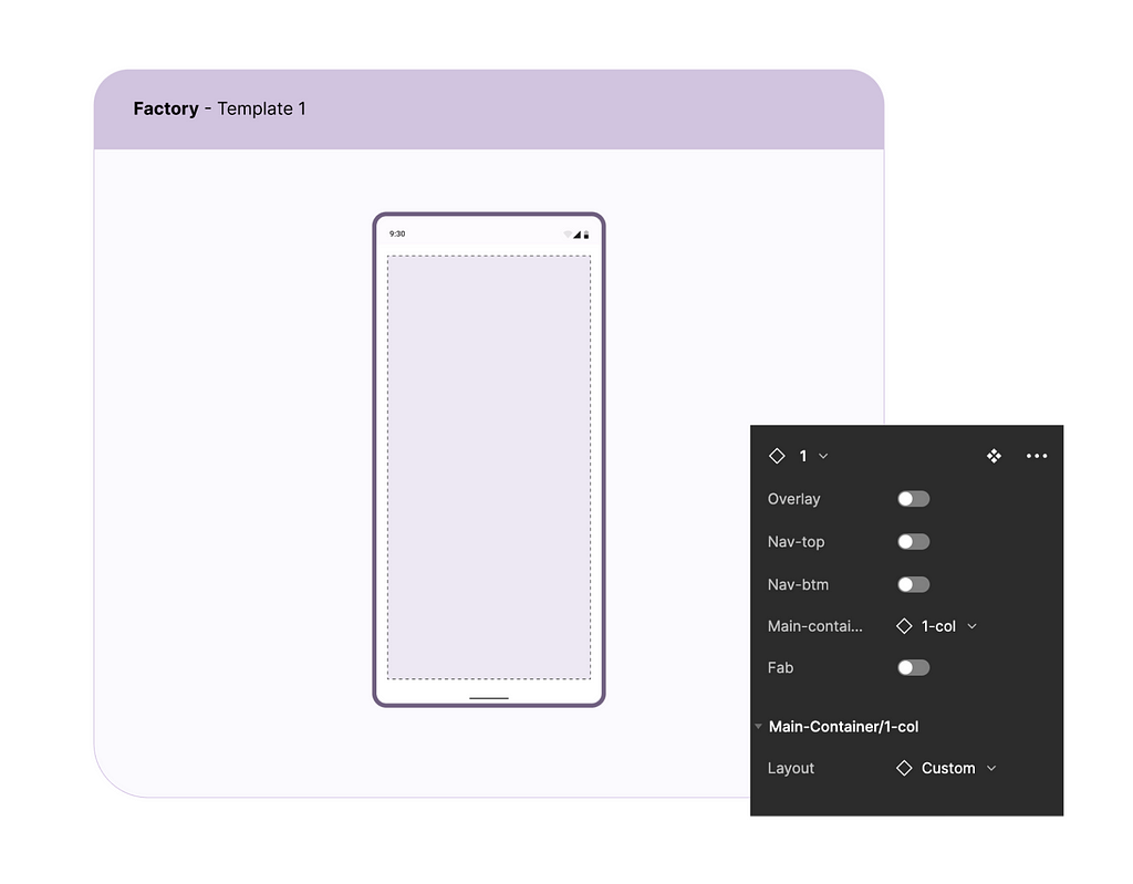 A factory template in Figma with the contextual panel that shows the various properties available for configuration in it
