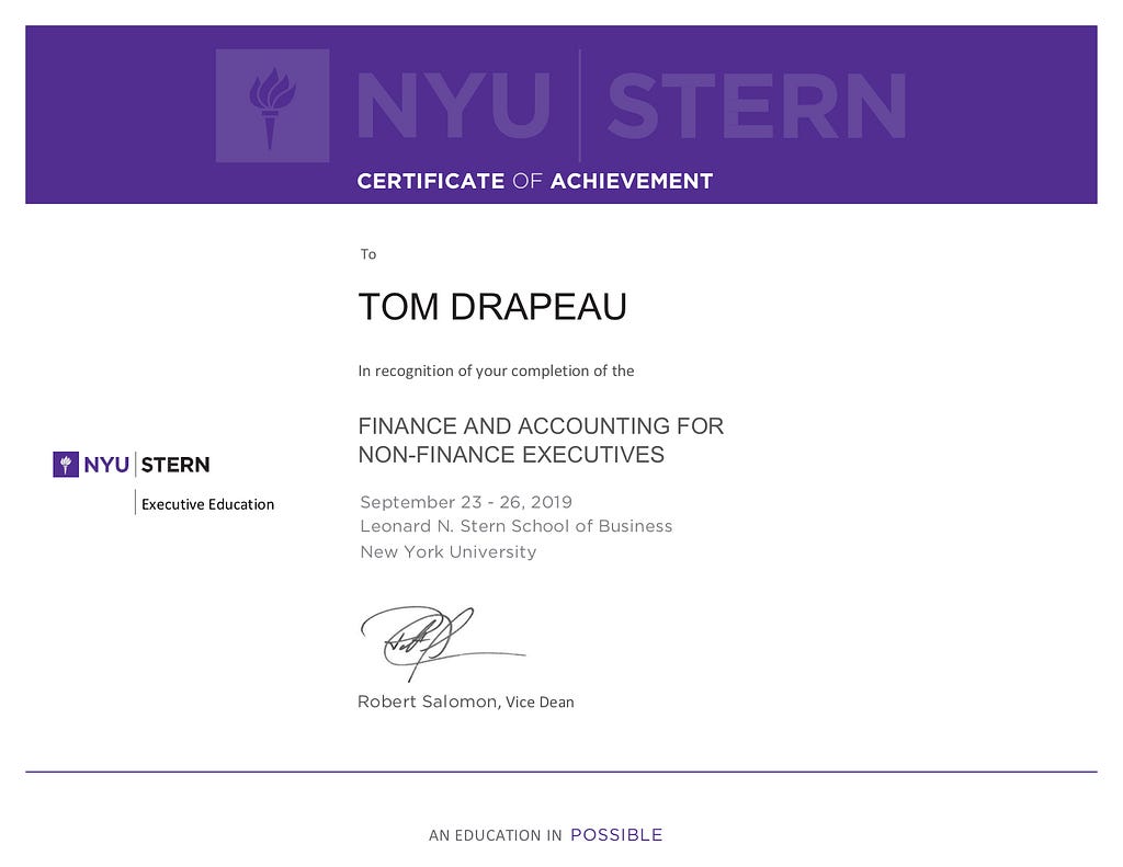 My completion certificate from the NYU Stern short course in Finance and Accounting.