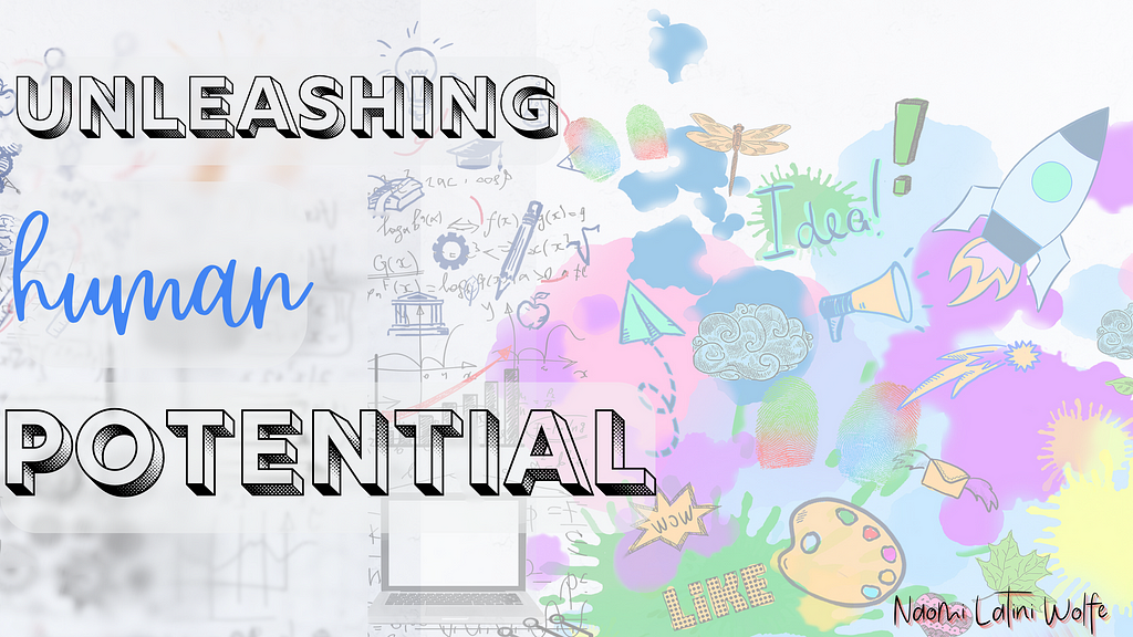 Illustration of a black and white sketch transforming into vibrant color with the text “Unleashing Human Potential.