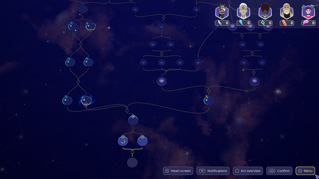 a screenshot of Harmony: Fall of Reverie’s Augural, showing a map of the story’s branching choices and consequences