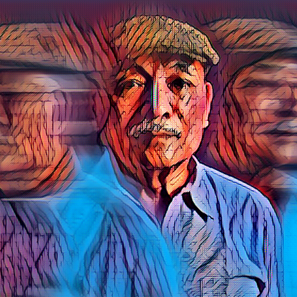 Painter filter on a photo of an elderly man; man’s image is repeated and blurred to indicate movement