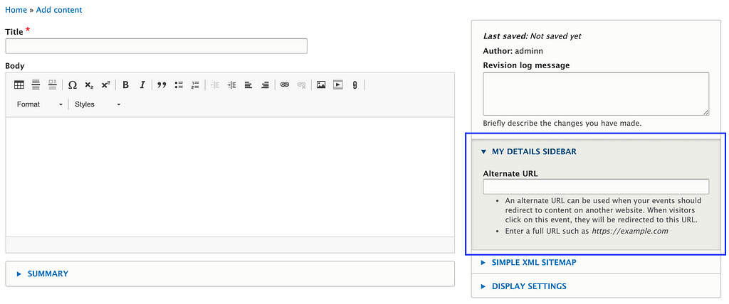 Screenshot of a node add form with a custom field highlighted in the advanced sidebar