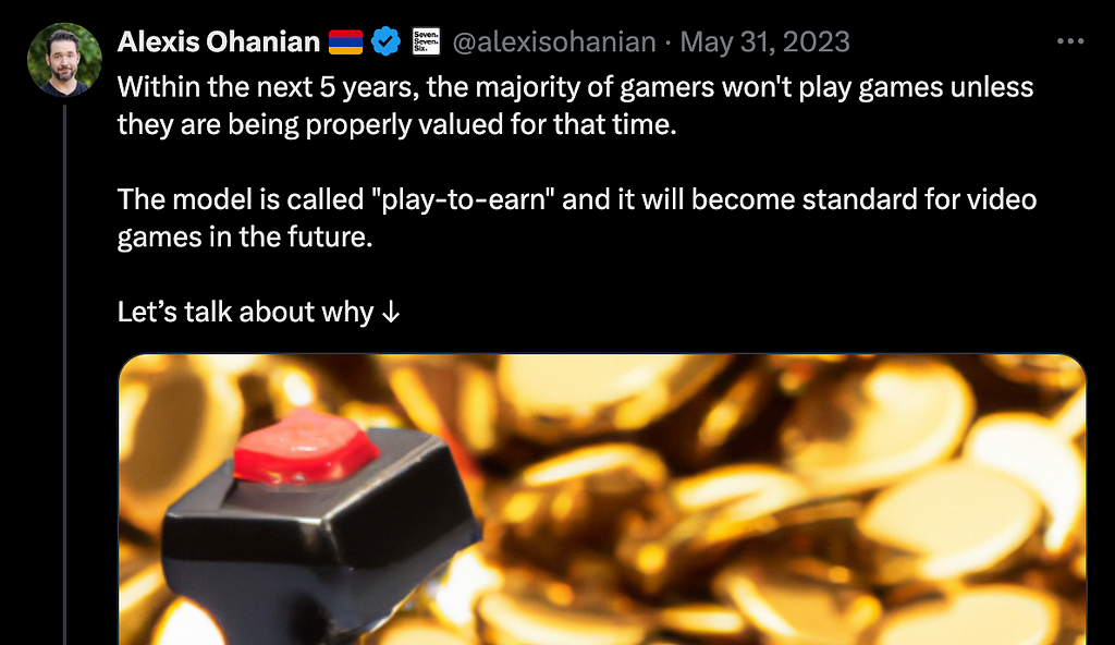 A screenshot of a tweet by Alexis Ohanian, quoted in the subsequent paragraph.