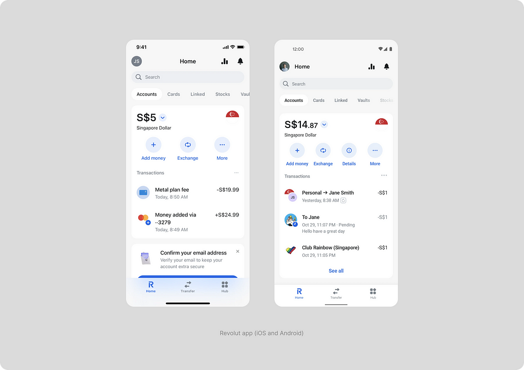 Navigation in the Revolut app on the Android and iOS