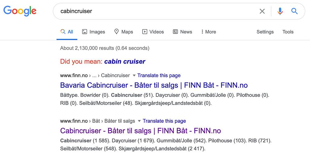 Screenshot from a google search for cabin cruisers. The first result is for Bavaria boats only, while the second is for all.