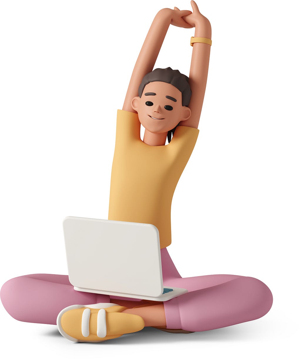 An illustrated woman looking at her laptop screen and streching