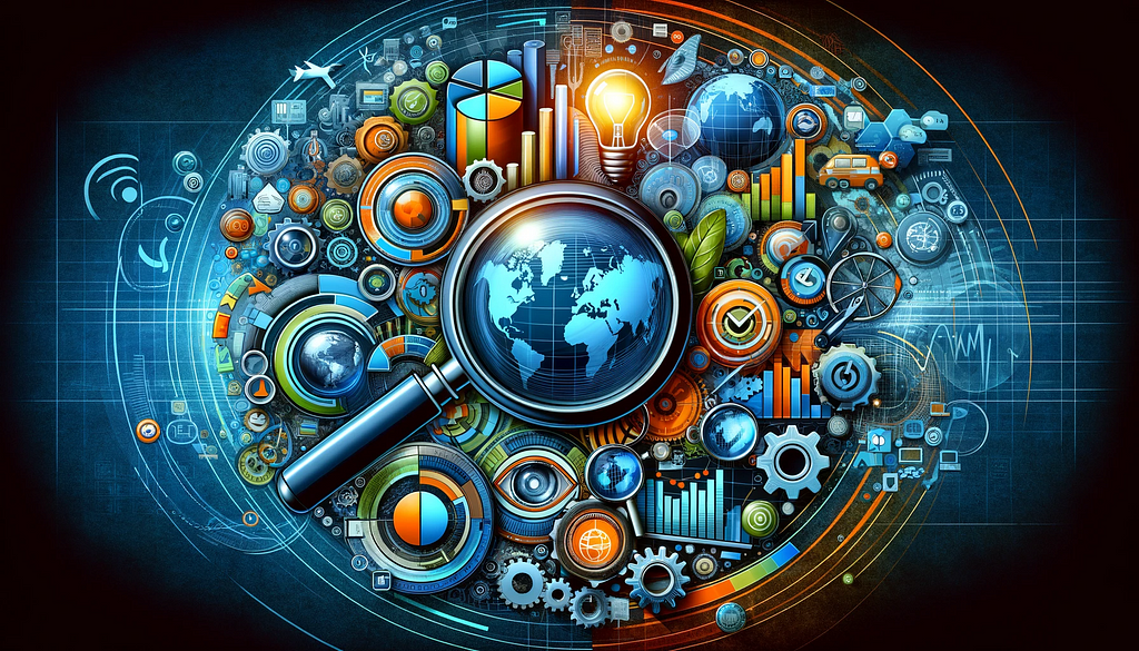 Abstract representation of Marketing Situational Analysis in digital media, featuring a collage of symbolic elements against a vibrant background. Central to the image is a globe with a magnifying glass, symbolizing global market analysis. Surrounding it are stylized icons: a pie chart, bar graph, interlocking gears, and a light bulb, denoting market research, strategic planning, and innovation, respectively.