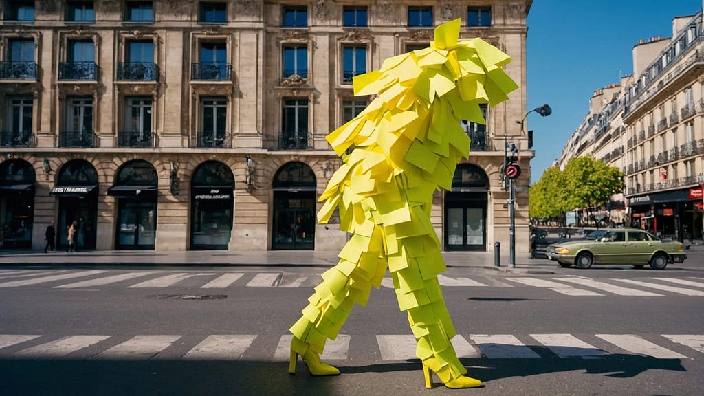 A human like creature covered head to toe in yellow post it notes walking across the road.