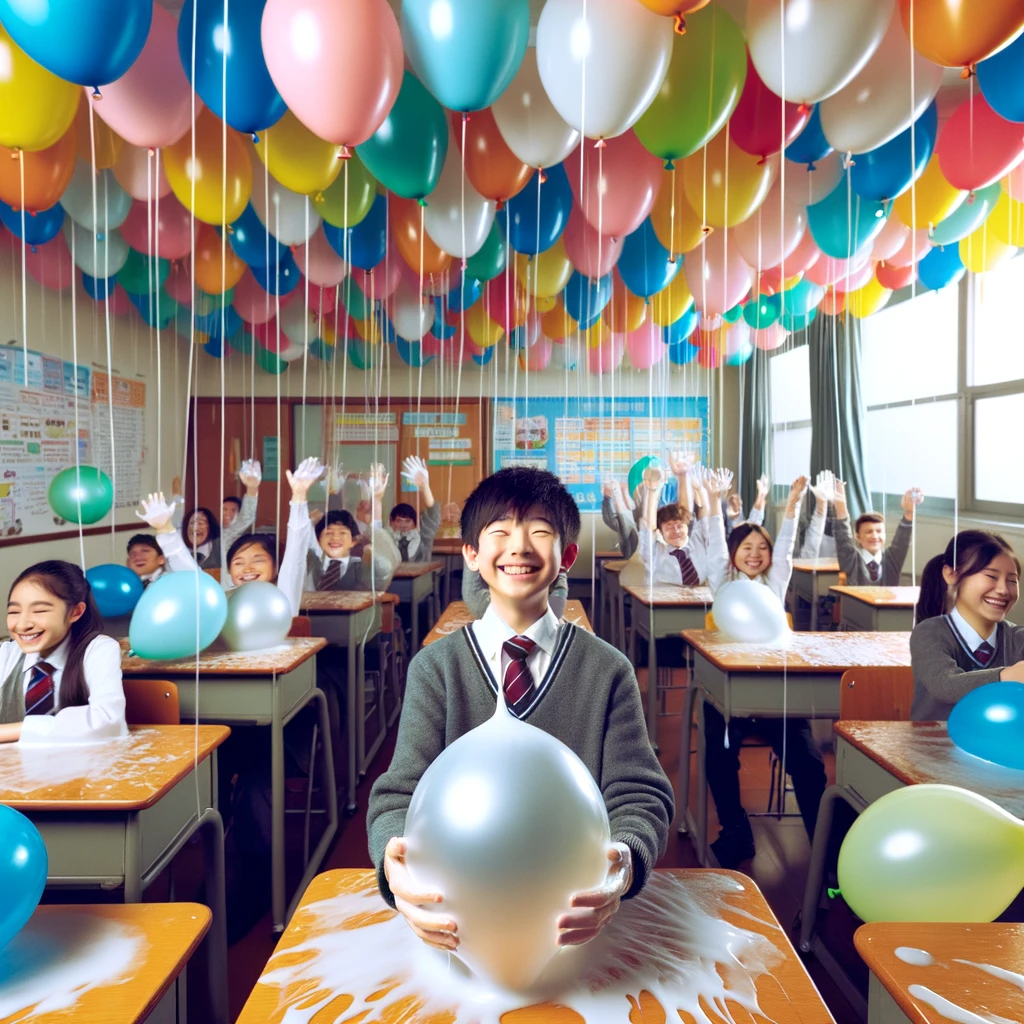 ChatGPT / DALL-E: balloons stick to the ceiling of the classroom.