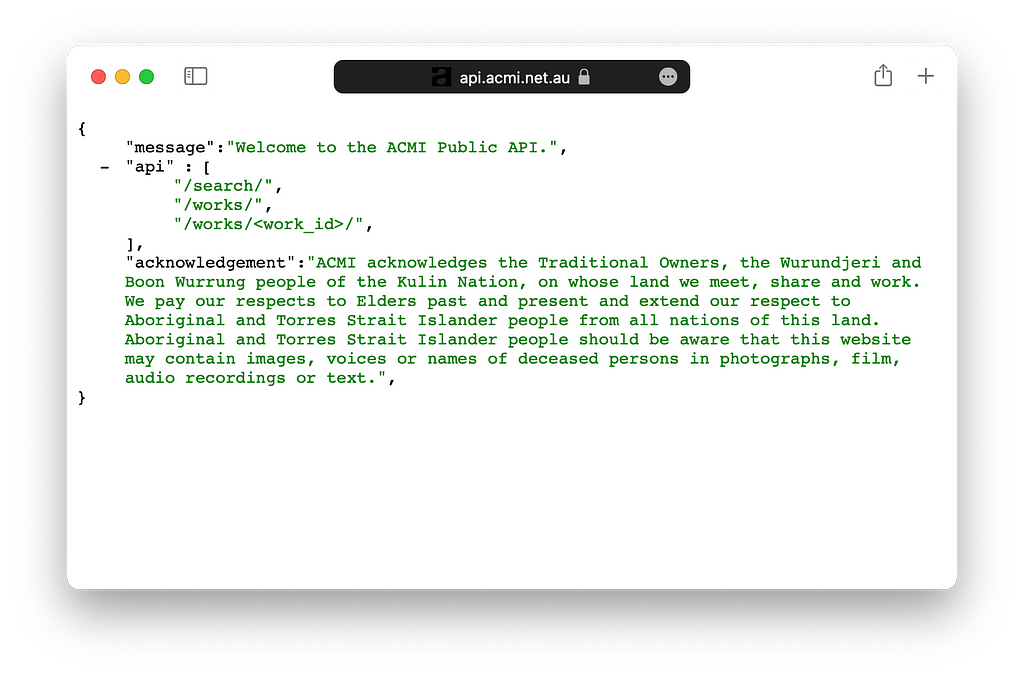A screenshot of a website browser showing the ACMI Public API, api.acmi.net.au