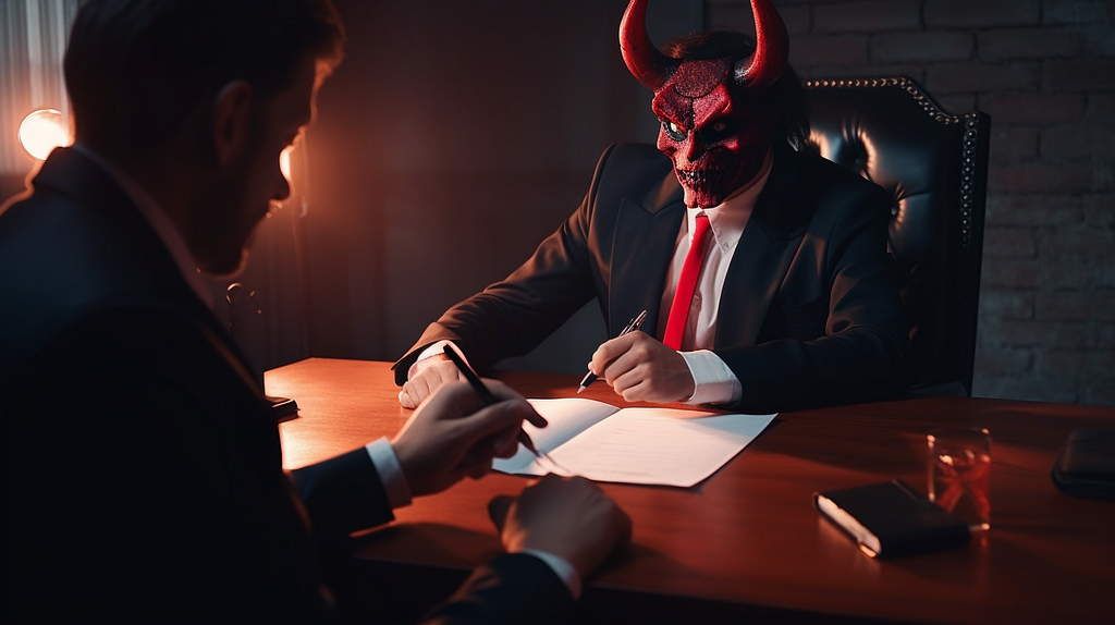 a content creator signing a contract with a devil in a power suit