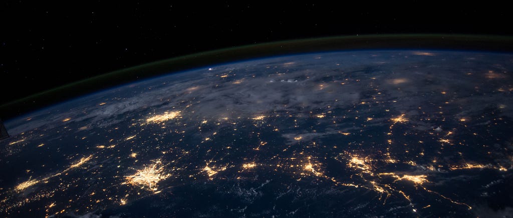 Visual representation of global network through lights on satellite image of Earth