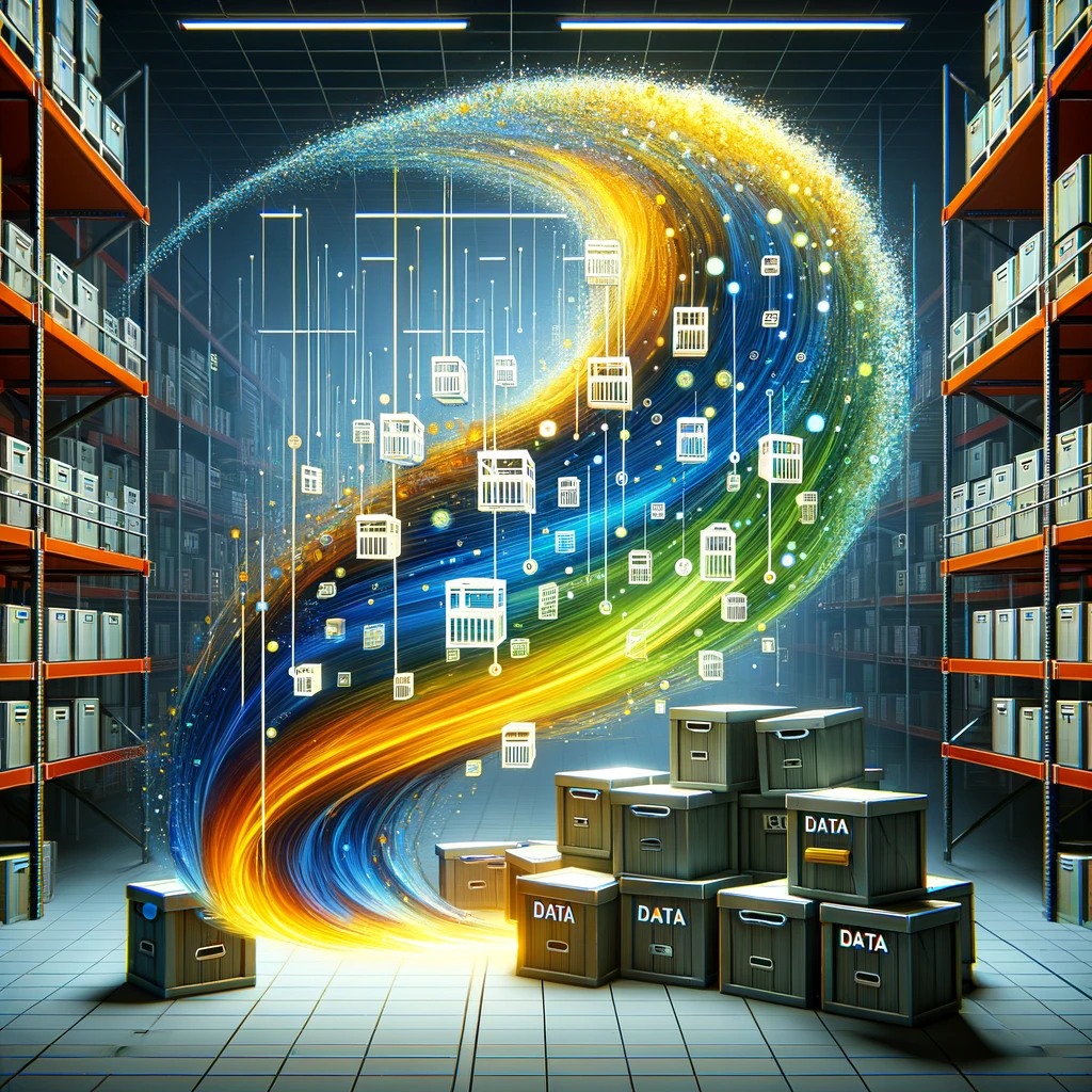 Data Stream flowing into boxes on Data Warehouse shelves