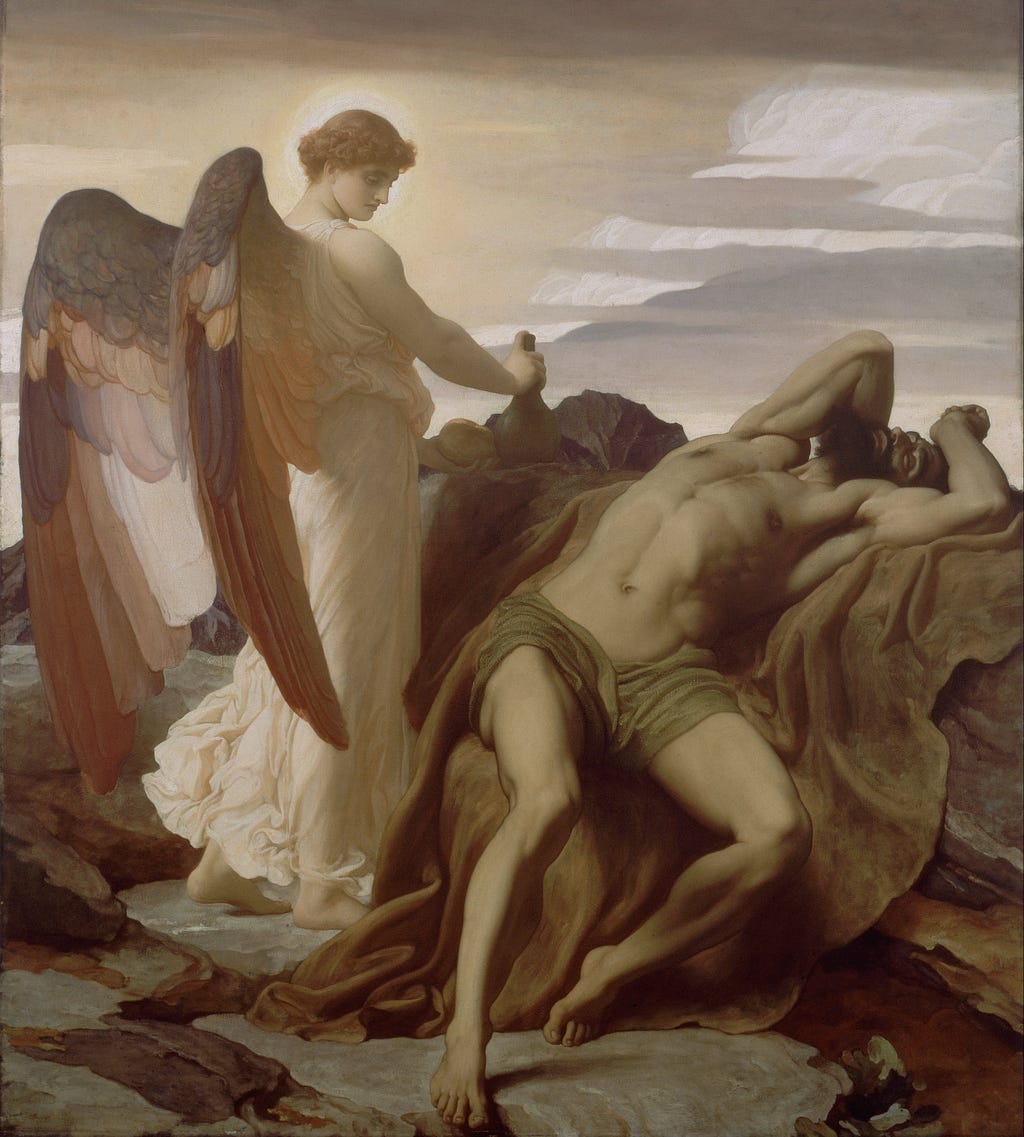Painting of Elijah, naked except for a loincloth, sprawled out asleep as an angel leaves water and bread next to his head.