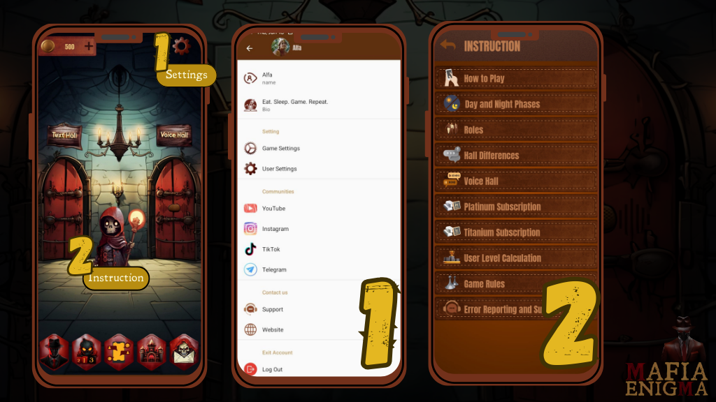 Screenshot showing the Settings and Instruction menus in Mafia Enigma, including options for game settings, user settings, social media links, support, how to play, day and night phases, roles, hall differences, subscriptions, user level calculation, game rules, and error reporting.