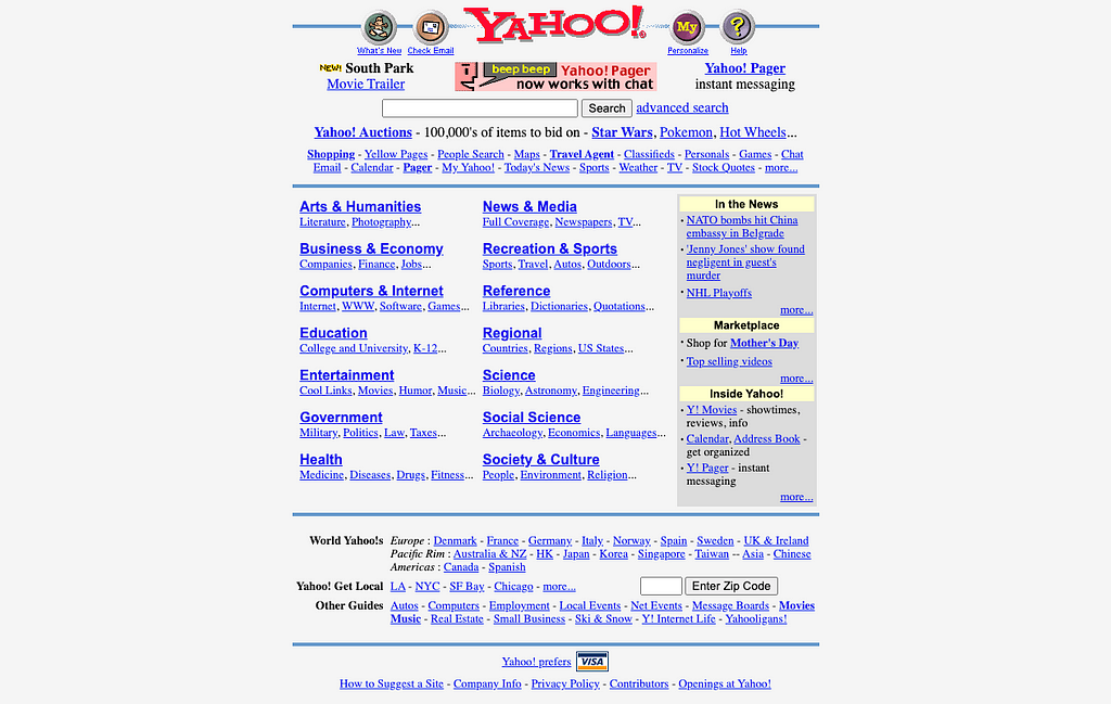 Screenshot of Yahoo start page from 1999