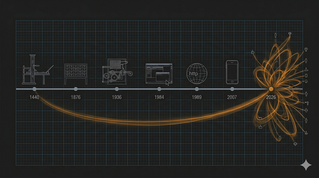 Seven Transformations. Horizontal timeline marking seven moments in 586 years of information architecture. From left: printing press 1440, card catalog 1876, Turing machine 1936, GUI window 1984, web globe 1989, smartphone 2007. The seventh node, 2026, is rendered as a radiant amber burst — a single point branching into a constellation of agents, devices and figures. A gentle amber arc traces the curve of history connecting all seven.