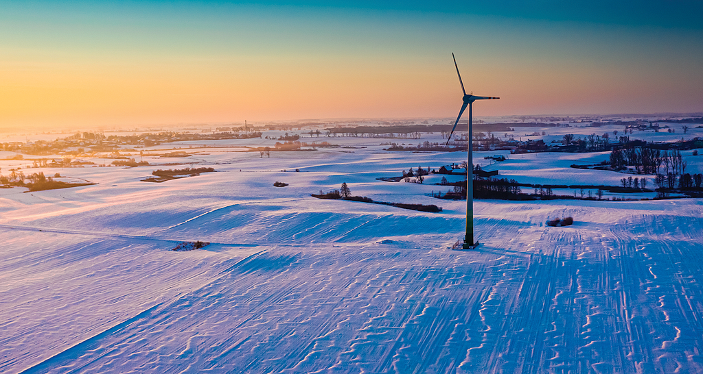 Wind turbine in the snow.