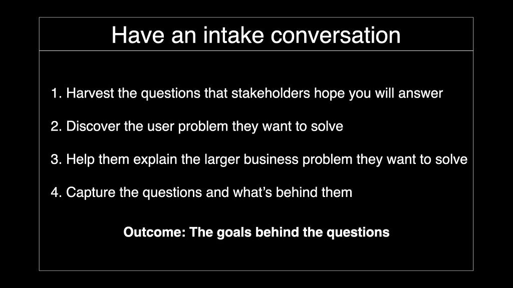 Have an intake conversation. Harvest the questions that stakeholders hope you will answer Discover the user problem they want to solve Help them explain the larger business problem they want to solve Capture the questions and what’s behind them Outcome: The goals behind the questions