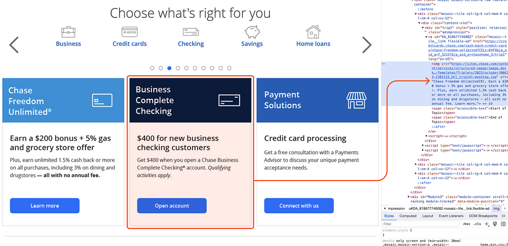 A screenshot of the Chase website shows three clickable cards and dev tools.
