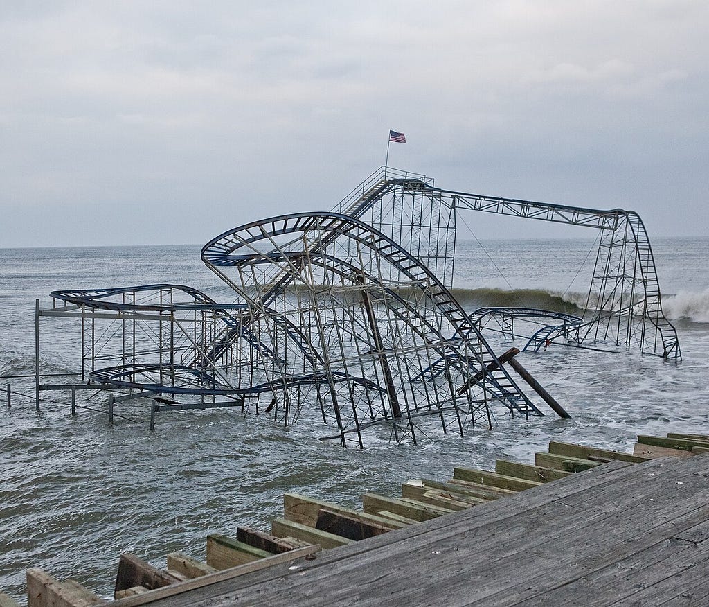 Roller coaster structure partly submerged in high ocean water