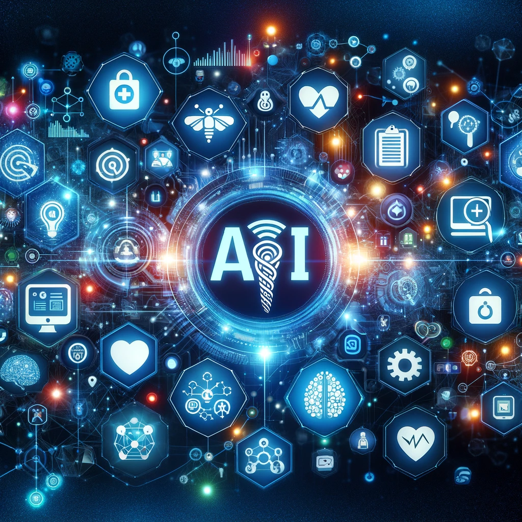 An image representing the integration of AI in various industries, showcasing symbols of different sectors like healthcare, finance, education, and marketing, intertwined with digital elements and AI icons.