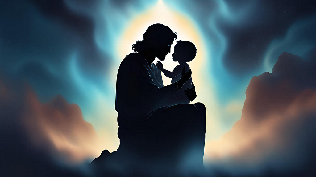 silhouette of jesus holding a small toddler in his lap against a dark blue sky, a yellow light glowing like a halo around the pair