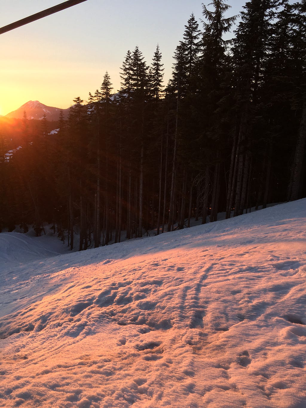 The sun setting over the trees and glowing on the snow.