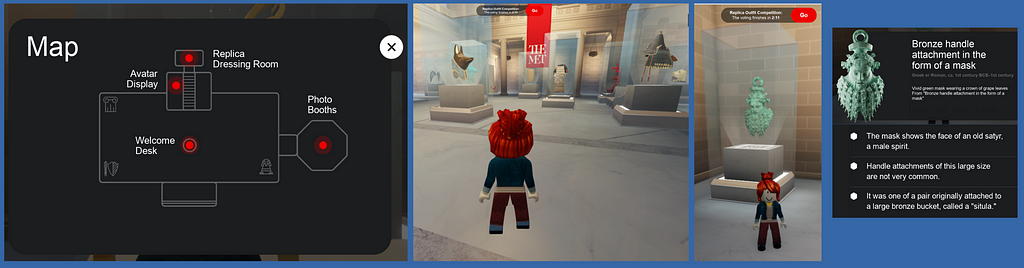 plan montrant trois points rouge pour localiser les expériences du jeu, avatar dans salle du MET regardant divers objets sous cloche