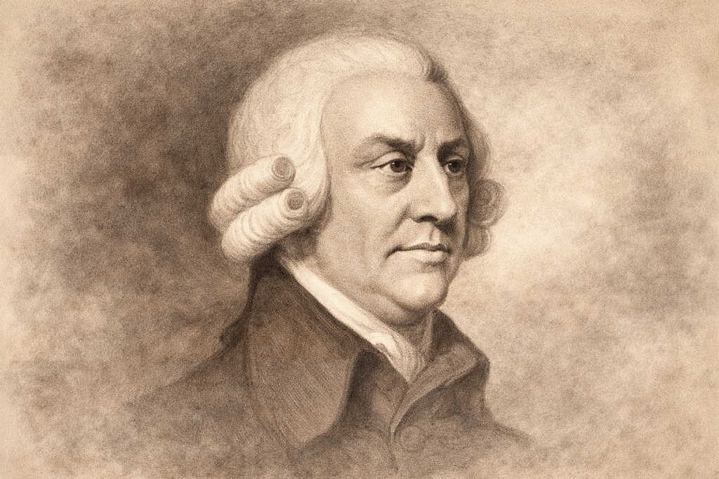 Sepia-toned, softly textured portrait of Adam Smith in an 18th-century style. He faces slightly to the right with a calm, serious expression, wearing a dark coat and white cravat. His powdered hair is styled in rounded side rolls typical of the period. The background is softly blurred and vignetted, giving the image a warm, archival, hand-sketched feel consistent with classical engraved portraits.