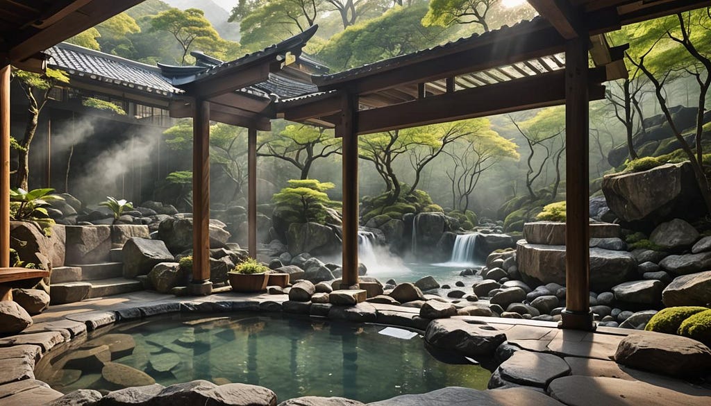 Japanese Onsen created with Night Cafe Studio — a pool of water surrounded by rocks. Small waterfalls are visible in the background along with rocks and trees. There are narrow wood awning-like structures surrounding the pool.