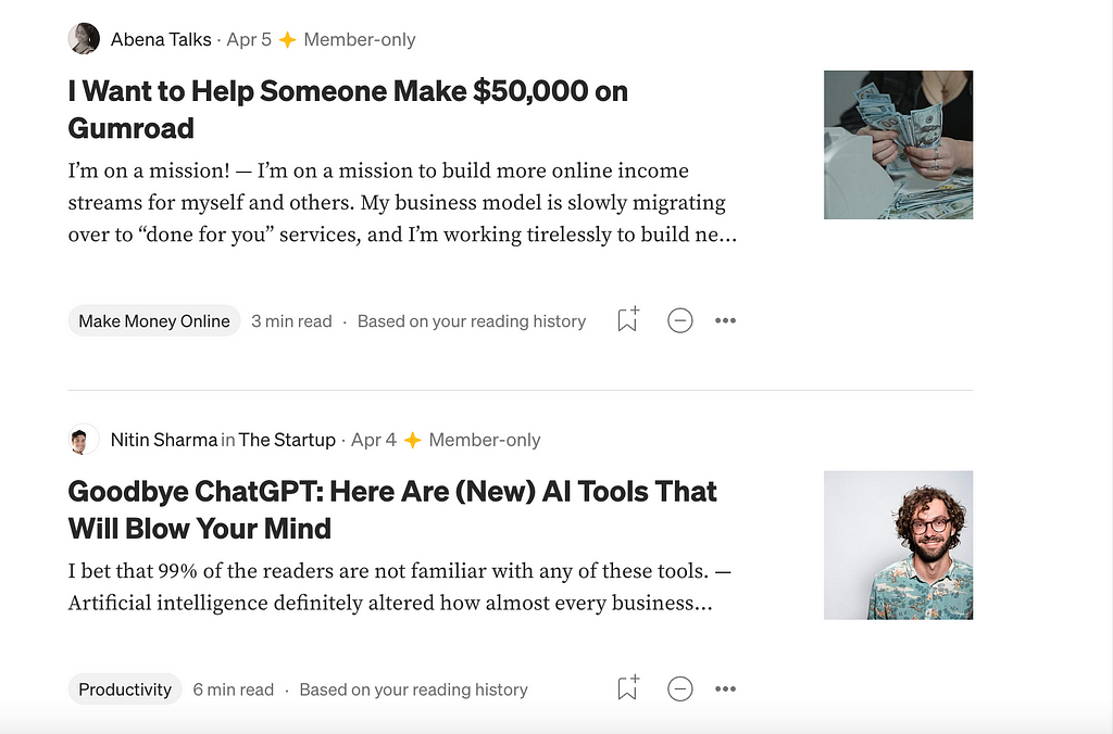screenshot of Medium front page with two side hustles